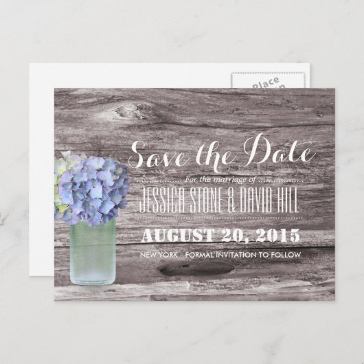 Rustic Blue Hydrangea Mason Jar Wood Save the Date Aankondigingskaart (Voorkant / Achterkant)