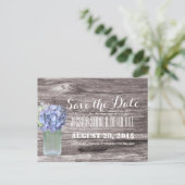 Rustic Blue Hydrangea Mason Jar Wood Save the Date Aankondigingskaart (Staand voorkant)