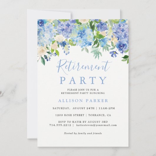Rustic Blue Hydrangea Retiération Party Invitation Kaart (Voorkant)