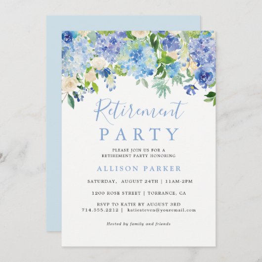 Rustic Blue Hydrangea Retiération Party Invitation Kaart (Voorkant / Achterkant)