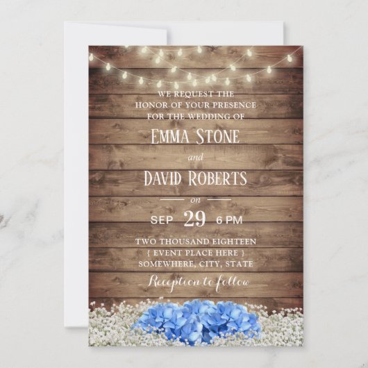 Rustic Blue Hydrangea & String Lights Wedding Kaart (Voorkant)