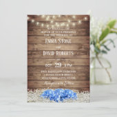 Rustic Blue Hydrangea & String Lights Wedding Kaart (Staand voorkant)