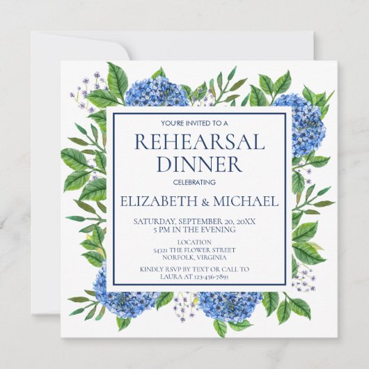 Rustic Blue Hydrangeas Waterverf Rehearsal Dinner Kaart (Voorkant)