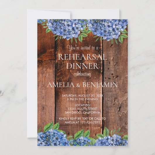 Rustic Blue Hydrangeas Wedding Rehearsal Dinner Kaart (Voorkant)