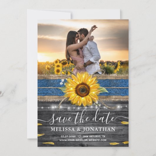 Rustic Blue Lace Sunflower Weddenfoto Save The Date (Voorkant)