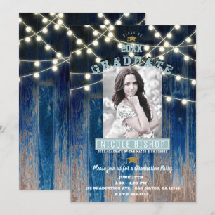 Rustic Blue Lights Modern Foto Afstudeerfeestje   Kaart