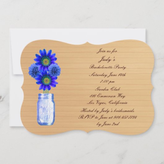 Rustic Blue Mason Jar Bachelorette Party Invite Kaart (Voorkant)