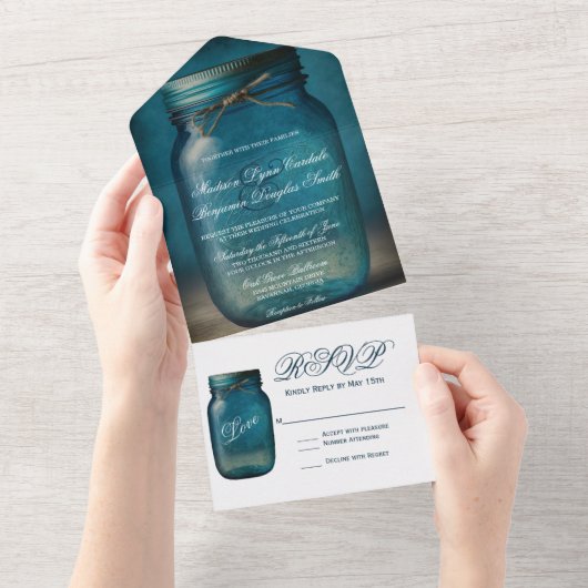 Rustic Blue Mason Jar country Wedding All In One Uitnodiging (Afscheurbaar)
