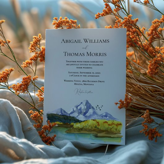 Rustic Blue Mountain Watercolor Wedding Invitation Kaart
