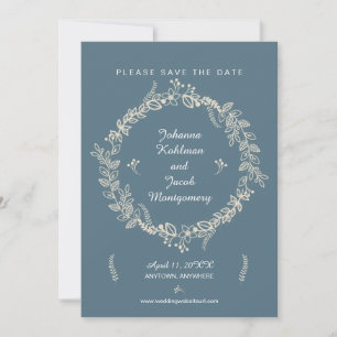 Rustic Blue Outlining Floral Wreats Save the Date
