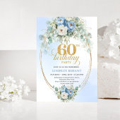 Rustic Blue Peony Gold 60th Birthday Invitation Kaart