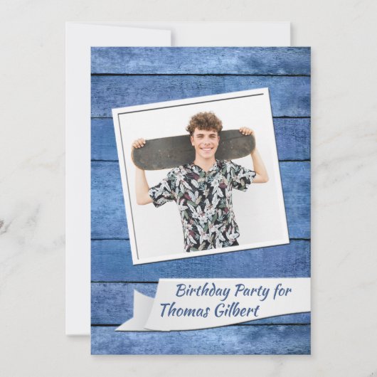 Rustic Blue Photo Birthday Party Invitation Kaart (Voorkant)