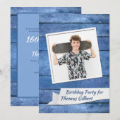 Rustic Blue Photo Birthday Party Invitation Kaart (Voorkant / Achterkant)
