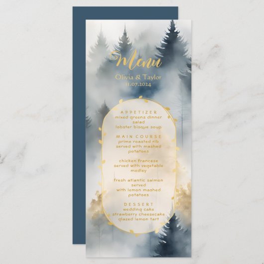 Rustic Blue Pine Trees Forest Menu Mariage (Devant / Derrière)