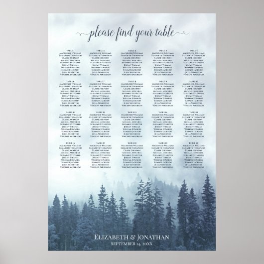 Rustic Blue Pines 20 Table Wedding Seating Chart Poster (Voorkant)
