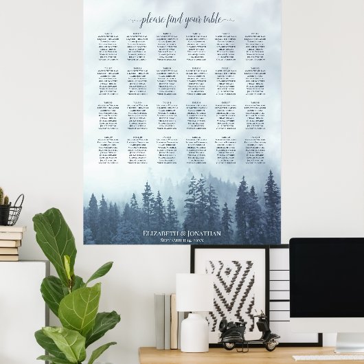 Rustic Blue Pines 24 Table Wedding Seating Chart Poster (Thuiskantoor)