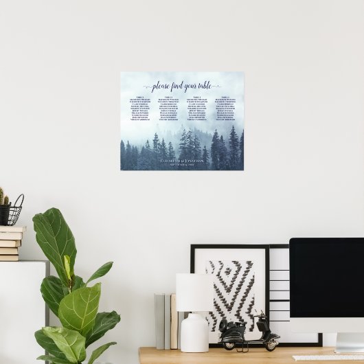 Rustic Blue Pines 4 Table Wedding Seating Chart Poster (Thuiskantoor)