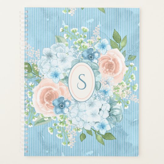 Rustic Blue Pink Monogram Floral Shabby Chic Planner (Voorkant)