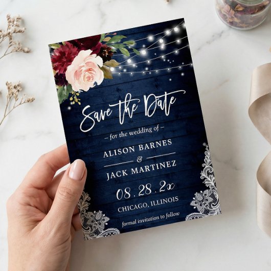 Rustic Blue Red Floral String Lights Wedding Save The Date