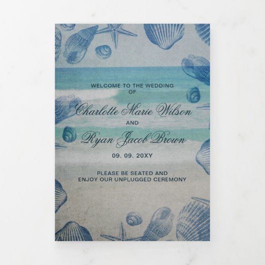 Rustic Blue Seashells Beach Weddenfoto Drieluik Programma (Cover)