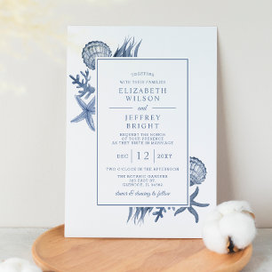 Rustic Blue Seashells Marine Ocean Beach Wedding Kaart