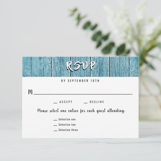 Rustic Blue Shiplap 3 Entree RSVP Wedding Response (Staand voorkant)