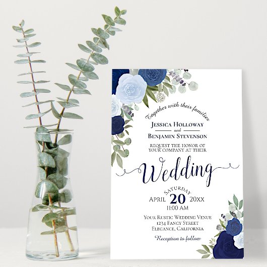 Rustic Blue Waterverf Rozen Boho Floral Wedding Kaart