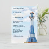 Rustic Blue Waterverf vuurtoren Nautical Wedding Kaart (Staand voorkant)