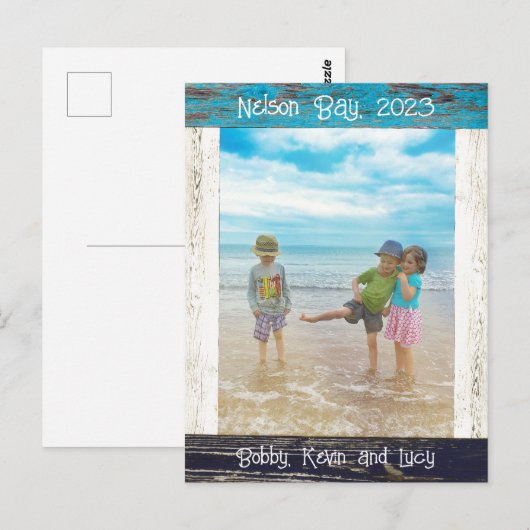 Rustic Blue White Beach Wood Photo Frame Briefkaart (Voorkant / Achterkant)