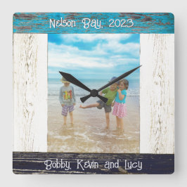Rustic Blue White Beach Wood Photo Frame Vierkante Klok