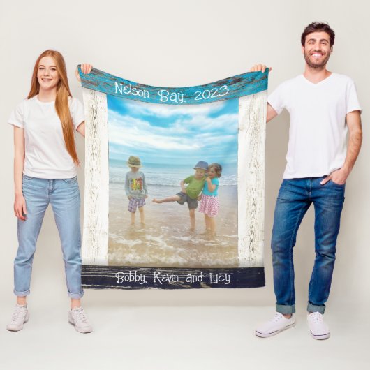 Rustic Blue White Beach Wood Text Photo Frame Fleece Deken (In situ)