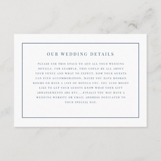 Rustic Blue & White Botancial Wedding Details Informatiekaartje (Achterkant)