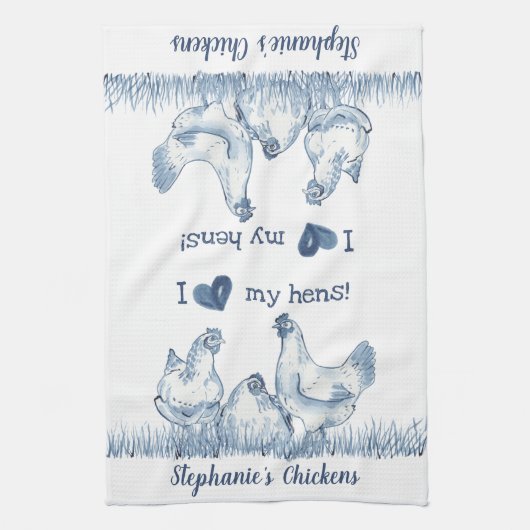 Rustic Blue & White Chicken, Hen Personalized Theedoek (Verticaal)