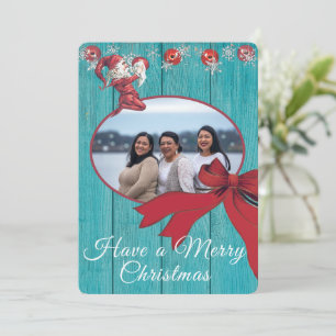 Rustic Blue White Red Elf Family Foto Feestdagenkaart