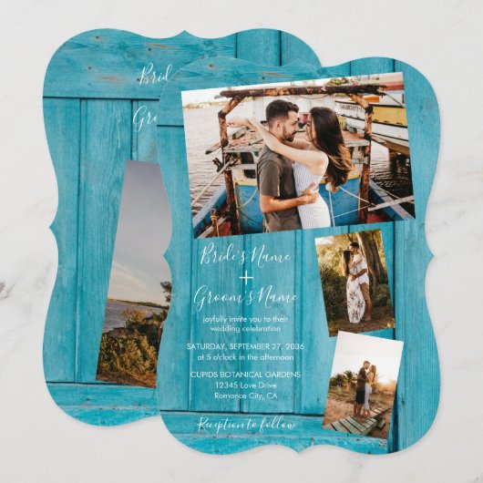 Rustic Blue Wood 4 Foto's Wedding Invitations Kaart (Voorkant / Achterkant)