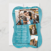 Rustic Blue Wood 4 Foto's Wedding Invitations Kaart (Voorkant)