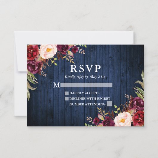 Rustic Blue Wood Burgundy Floral Wedding RSVP Kaartje (Voorkant)