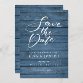 Rustic Blue Wood Elegant Script Wedding Save The Date (Voorkant / Achterkant)