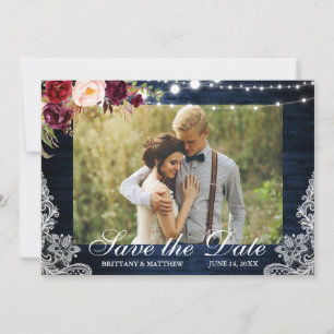 Rustic Blue Wood Floral Lights Foto Save The Date