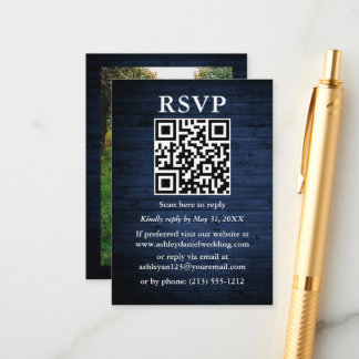 Rustic Blue Wood Foto QR Wedding RSVP Informatiekaartje