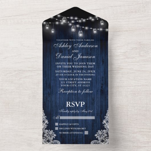 Rustic Blue Wood Jar Lights Wedding All In One Uitnodiging (Binnen)