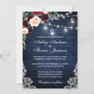 Rustic Blue Wood Jars Burgundy Blue Floral Wedding Kaart