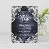 Rustic Blue Wood Lace Wedding Save The Date (Staand voorkant)