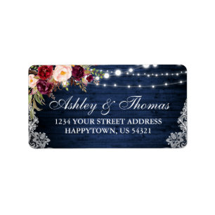 Rustic Blue Wood Lights Lace Floral Address Etiket