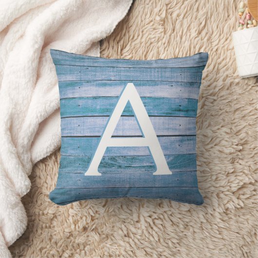 Rustic Blue Wood Monogrammed Initiaal Accent Kussen (Deken)