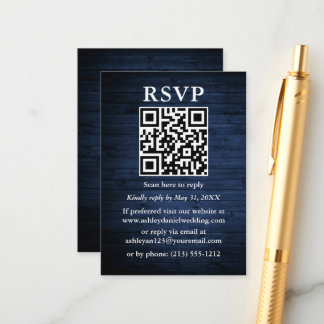 Rustic Blue Wood QR Wedding RSVP Informatiekaartje