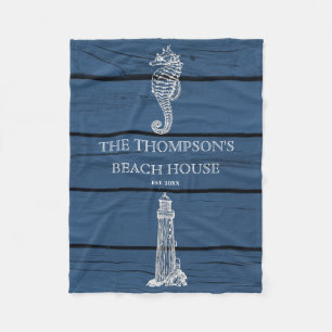 Rustic Blue Wood Seahorse Lighthouse Beach House Fleece Deken