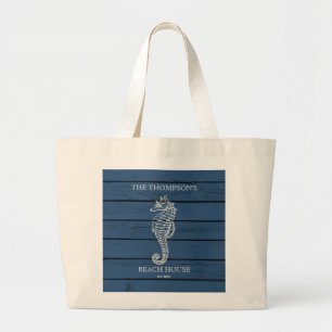 Rustic Blue Wood Seahorse Lighthouse Beach House Grote Tote Bag