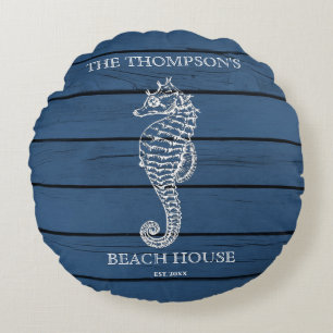 Rustic Blue Wood Seahorse Lighthouse Beach House Rond Kussen