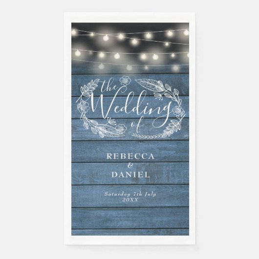 Rustic Blue Wood String Lights Floral Wedding Servet (Voorkant)